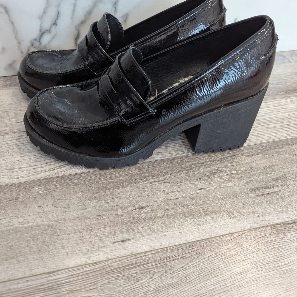 Dirty Laundry Black Patent Block Heel Loafers